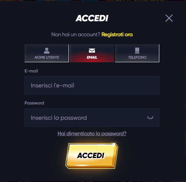 Interfaccia di accesso e registrazione QuickWin Casino